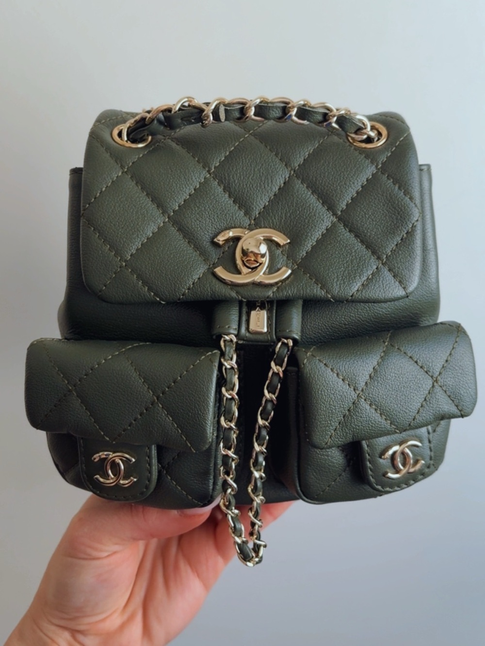 Quilted Mini Backpack in Olive Green with Gold Hardware